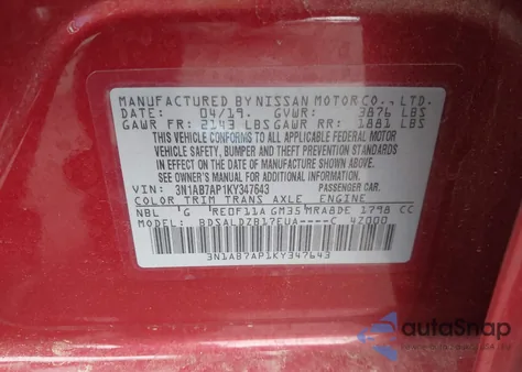 2019 Nissan Sentra Sv z USA, uszkodzony, nr VIN 3N1AB7AP1KY347643